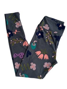 🌸🪻LuLaRoe OS floral accent leggings on gray background. Brand New!